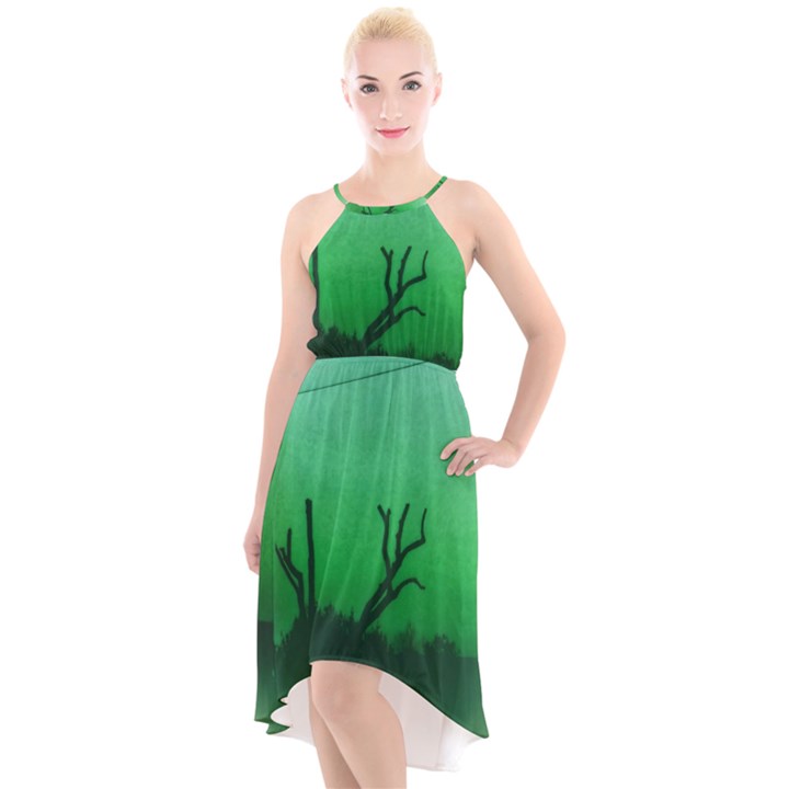 Creepy Green Scene High-Low Halter Chiffon Dress 