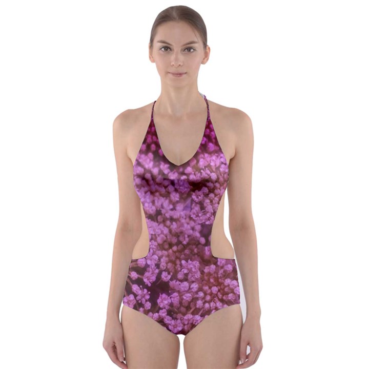 Pink Queen Anne s Lace Landscape Cut-Out One Piece Swimsuit