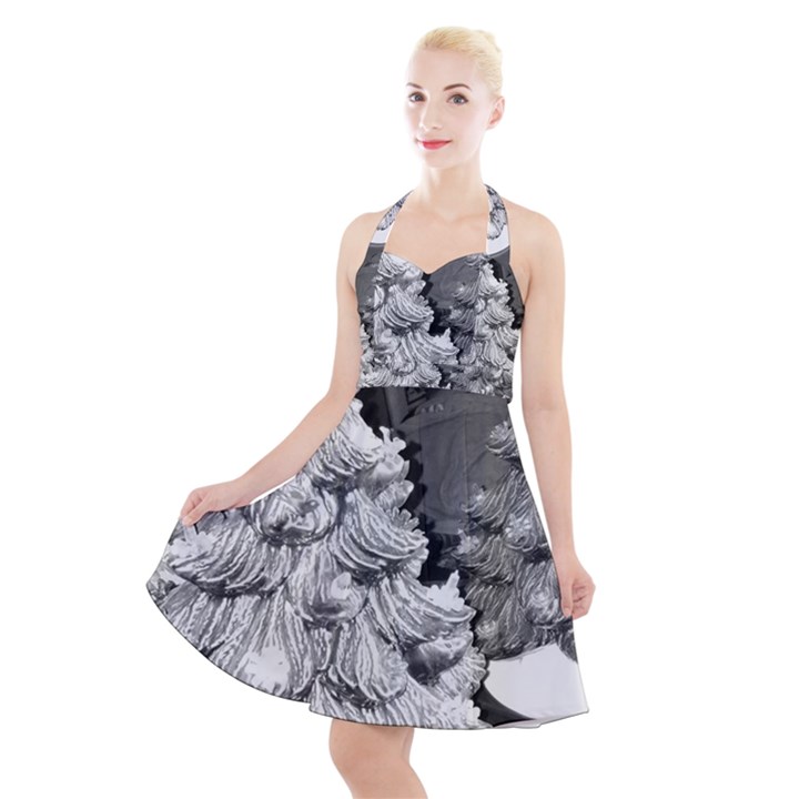 Black and White Christmas Halter Party Swing Dress 