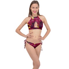 Sunflower And Cockscomb Cross Front Halter Bikini Set