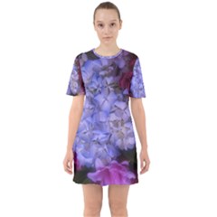 Hydrangea Arrangement Ii (blue Tint) Sixties Short Sleeve Mini Dress by okhismakingart