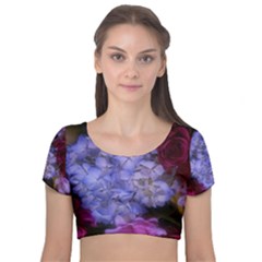 Hydrangea Arrangement Ii (blue Tint) Velvet Short Sleeve Crop Top  by okhismakingart