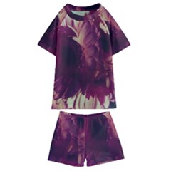 Purple Highlighted Flowers Kids  Swim Tee And Shorts Set