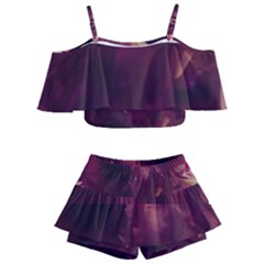 Purple Highlighted Flowers Kids  Off Shoulder Skirt Bikini