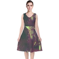 Green Glowing Flower V-neck Midi Sleeveless Dress  by okhismakingart