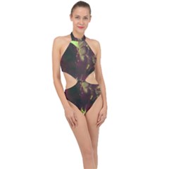 Green Glowing Flower Halter Side Cut Swimsuit