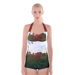 Red Weeds Boyleg Halter Swimsuit  by okhismakingart