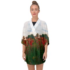 Red Weeds Half Sleeve Chiffon Kimono by okhismakingart