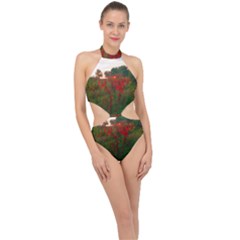 Red Weeds Halter Side Cut Swimsuit