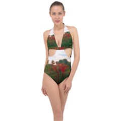 Red Weeds Halter Front Plunge Swimsuit