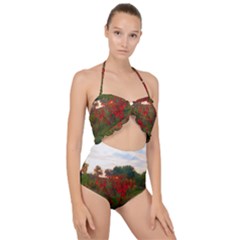 Red Weeds Scallop Top Cut Out Swimsuit by okhismakingart