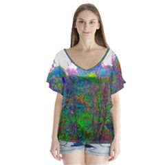 Neon Weeds V-neck Flutter Sleeve Top by okhismakingart