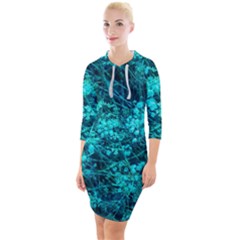 Blue-green Compound Flowers Quarter Sleeve Hood Bodycon Dress