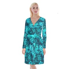 Blue-green Compound Flowers Long Sleeve Velvet Front Wrap Dress by okhismakingart