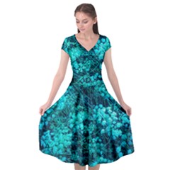 Blue-green Compound Flowers Cap Sleeve Wrap Front Dress by okhismakingart