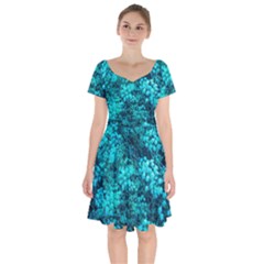 Blue-green Compound Flowers Short Sleeve Bardot Dress by okhismakingart