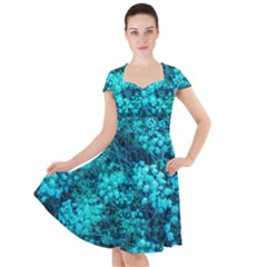 Blue-green Compound Flowers Cap Sleeve Midi Dress