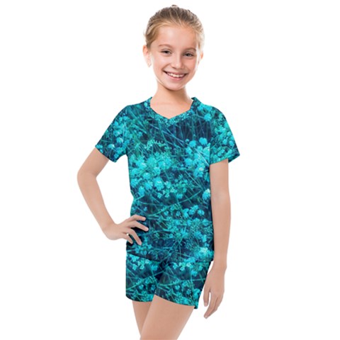 Blue-green Compound Flowers Kids  Mesh Tee And Shorts Set by okhismakingart