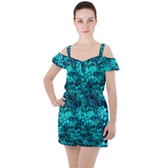 Blue-green Compound Flowers Ruffle Cut Out Chiffon Playsuit