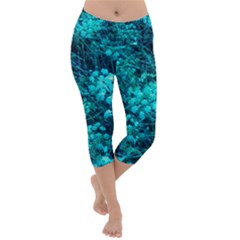 Blue-green Compound Flowers Lightweight Velour Capri Yoga Leggings by okhismakingart