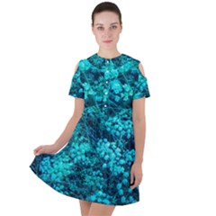 Blue-green Compound Flowers Short Sleeve Shoulder Cut Out Dress 