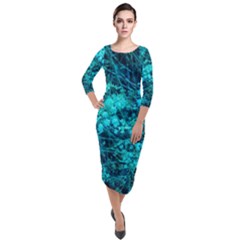 Blue-green Compound Flowers Quarter Sleeve Midi Velour Bodycon Dress