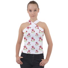 Cute Floral Drawing Motif Pattern Cross Neck Velour Top