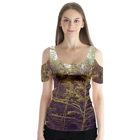 Purple And Yellow Goldenrod Butterfly Sleeve Cutout Tee  by okhismakingart