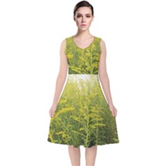 Yellow Goldenrod V-neck Midi Sleeveless Dress  by okhismakingart