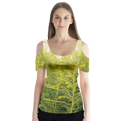 Yellow Goldenrod Butterfly Sleeve Cutout Tee  by okhismakingart