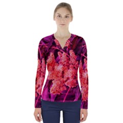 Pink Sideways Sumac V-neck Long Sleeve Top by okhismakingart