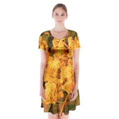 Yellow Sideways Sumac Short Sleeve V-neck Flare Dress by okhismakingart