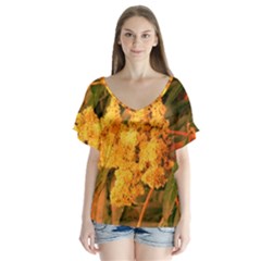 Yellow Sideways Sumac V-neck Flutter Sleeve Top by okhismakingart