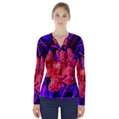 Red And Blue Sideways Sumac V-neck Long Sleeve Top by okhismakingart