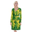 Yellow Sumac Bloom Long Sleeve Velvet Front Wrap Dress View1