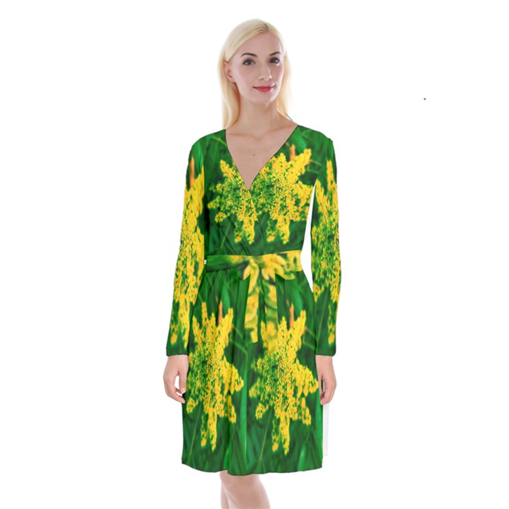 Yellow Sumac Bloom Long Sleeve Velvet Front Wrap Dress