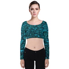 Blue-green Queen Annes Lace Hillside Velvet Long Sleeve Crop Top by okhismakingart