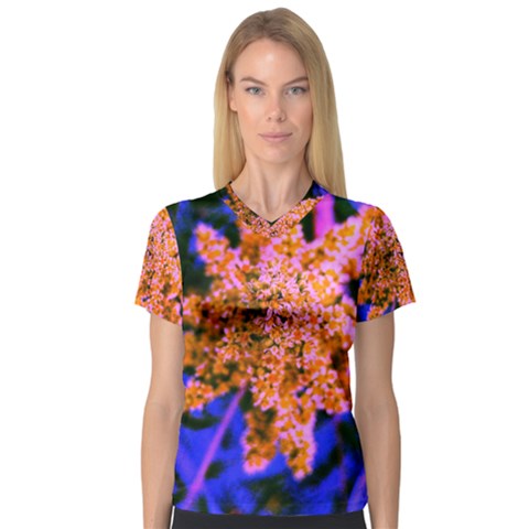 Yellow, Pink, And Blue Sumac Bloom V-neck Sport Mesh Tee by okhismakingart