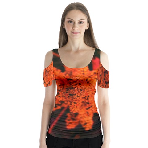 Orange Sumac Bloom Butterfly Sleeve Cutout Tee  by okhismakingart