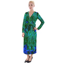 Blue And Green Sumac Bloom Velvet Maxi Wrap Dress by okhismakingart