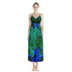 Blue And Green Sumac Bloom Button Up Chiffon Maxi Dress by okhismakingart