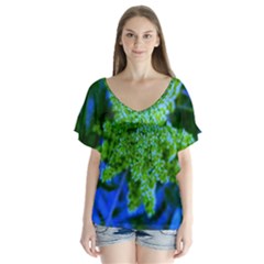 Lime Green Sumac Bloom V-neck Flutter Sleeve Top by okhismakingart