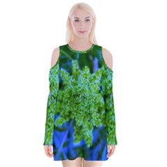 Lime Green Sumac Bloom Velvet Long Sleeve Shoulder Cutout Dress by okhismakingart