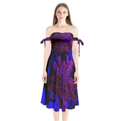 Maroon And Blue Sumac Bloom Shoulder Tie Bardot Midi Dress by okhismakingart