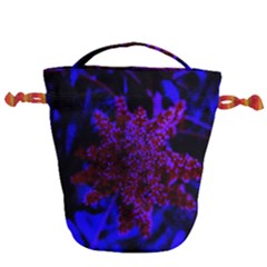 Maroon And Blue Sumac Bloom Drawstring Bucket Bag by okhismakingart