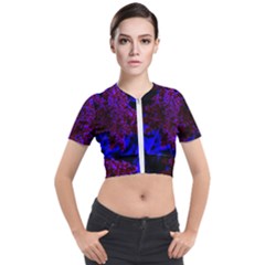 Maroon And Blue Sumac Bloom Short Sleeve Cropped Jacket by okhismakingart