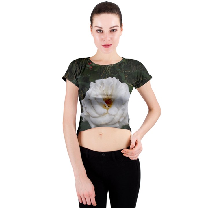 White Smooth Rose Crew Neck Crop Top