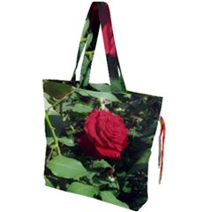 Deep Red Rose Drawstring Tote Bag by okhismakingart