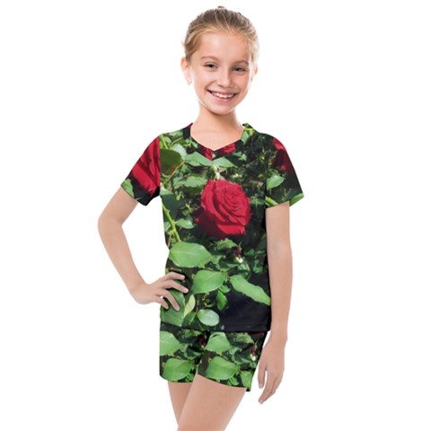 Deep Red Rose Kids  Mesh Tee And Shorts Set by okhismakingart