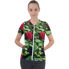 Deep Red Rose Short Sleeve Zip Up Jacket